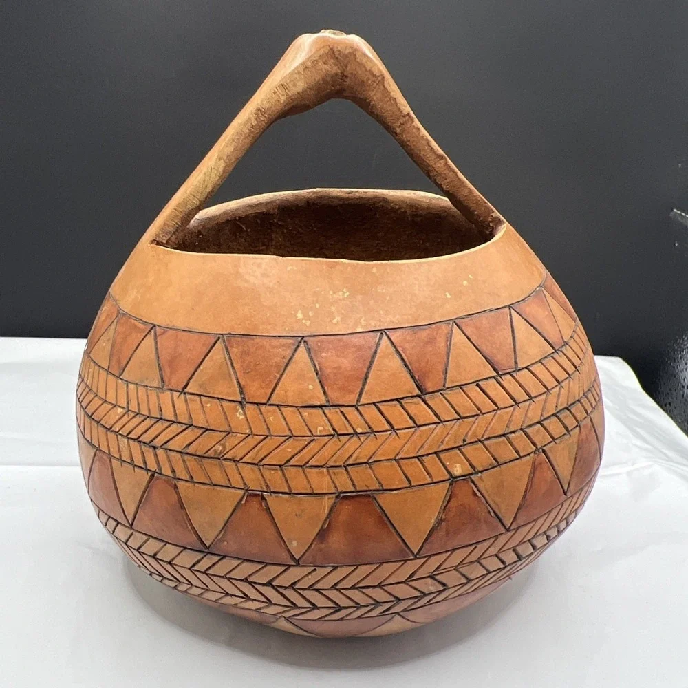Ethel Owen Signed Handcrafted Gourd Basket Pyro Engraved Geometric Folk Art Vtg
